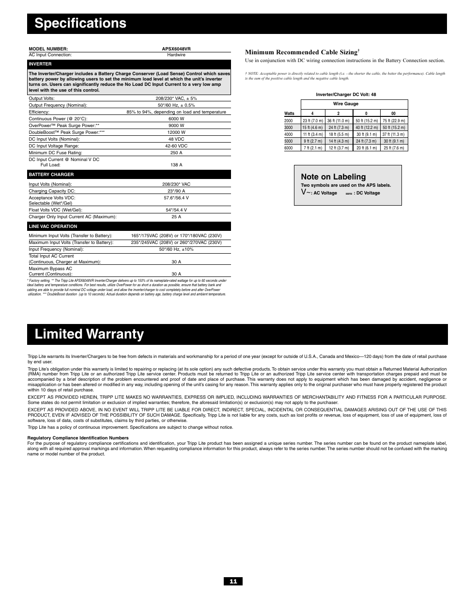 Specifications, Limited warranty, Minimum recommended cable sizing | Tripp Lite APSX6048VR User Manual | Page 11 / 44