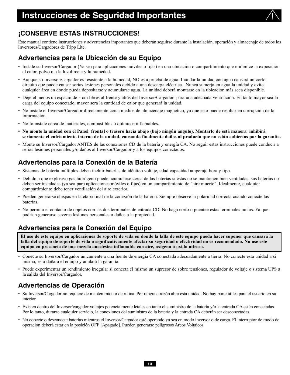 Instrucciones de seguridad importantes, Conserve estas instrucciones, Advertencias para la ubicación de su equipo | Advertencias para la conexión de la batería, Advertencias para la conexión del equipo, Advertencias de operación | Tripp Lite APSX6048VR User Manual | Page 13 / 44