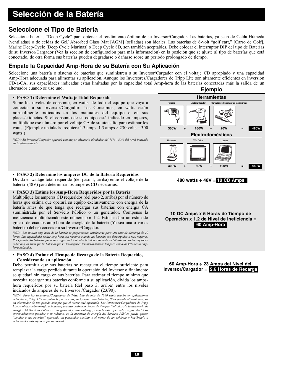 Selección de la batería, Seleccione el tipo de batería, Ejemplo | Tripp Lite APSX6048VR User Manual | Page 18 / 44