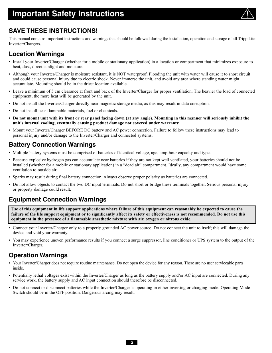 Important safety instructions, Save these instructions, Location warnings | Battery connection warnings, Equipment connection warnings, Operation warnings | Tripp Lite APSX6048VR User Manual | Page 2 / 44