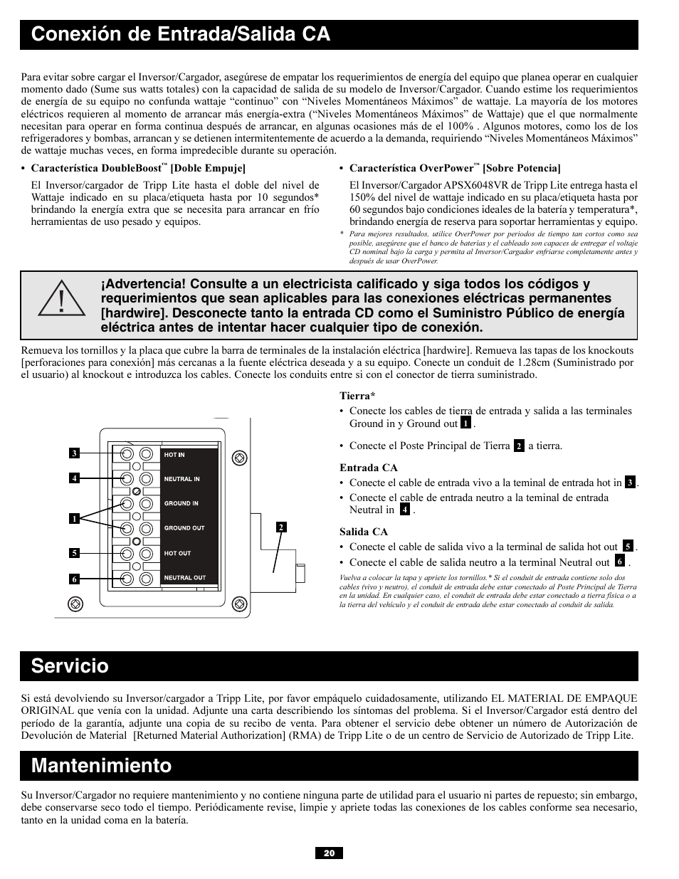 Conexión de entrada/salida ca, Servicio mantenimiento | Tripp Lite APSX6048VR User Manual | Page 20 / 44