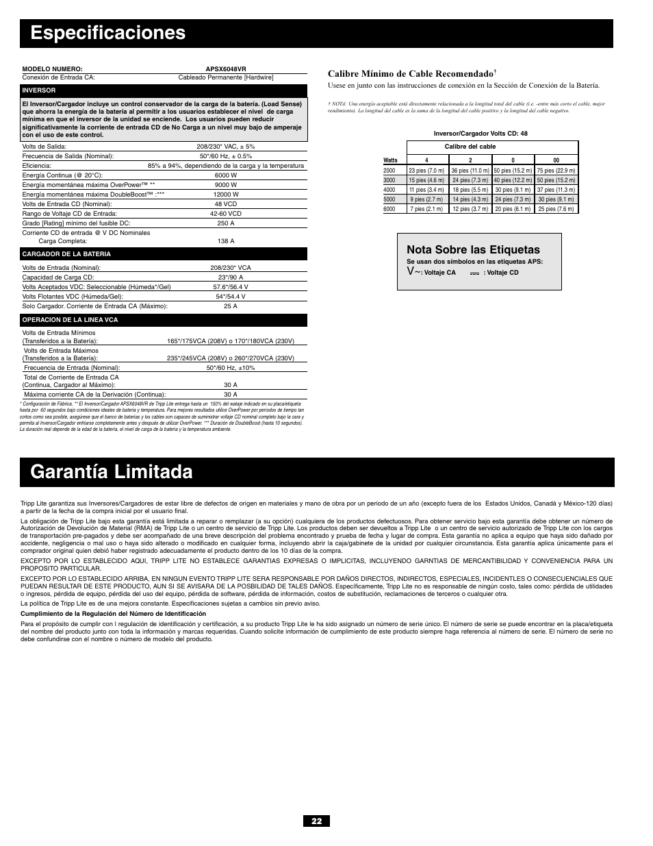 Especificaciones, Garantía limitada, Nota sobre las etiquetas | Calibre mínimo de cable recomendado | Tripp Lite APSX6048VR User Manual | Page 22 / 44