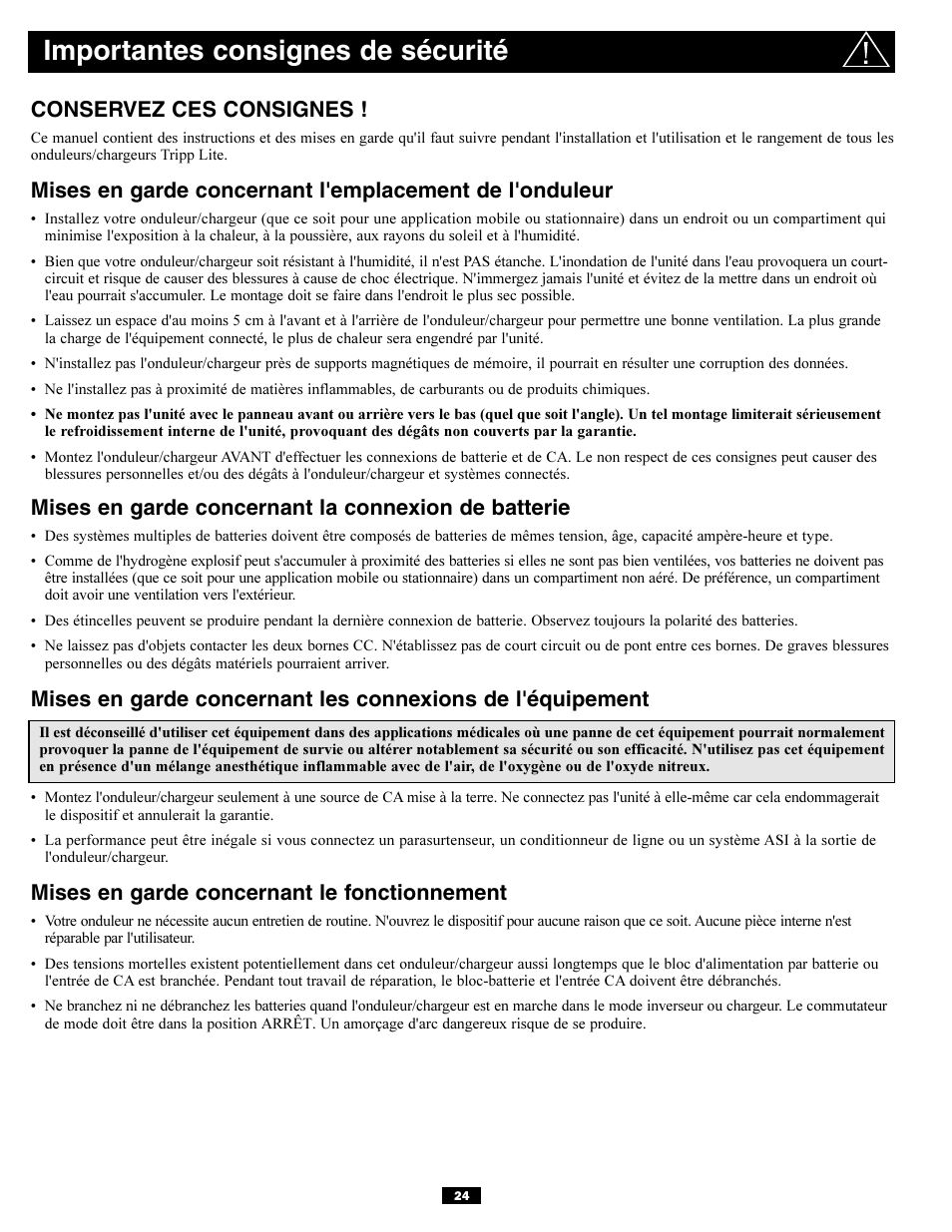 Importantes consignes de sécurité, Conservez ces consignes, Mises en garde concernant la connexion de batterie | Mises en garde concernant le fonctionnement | Tripp Lite APSX6048VR User Manual | Page 24 / 44