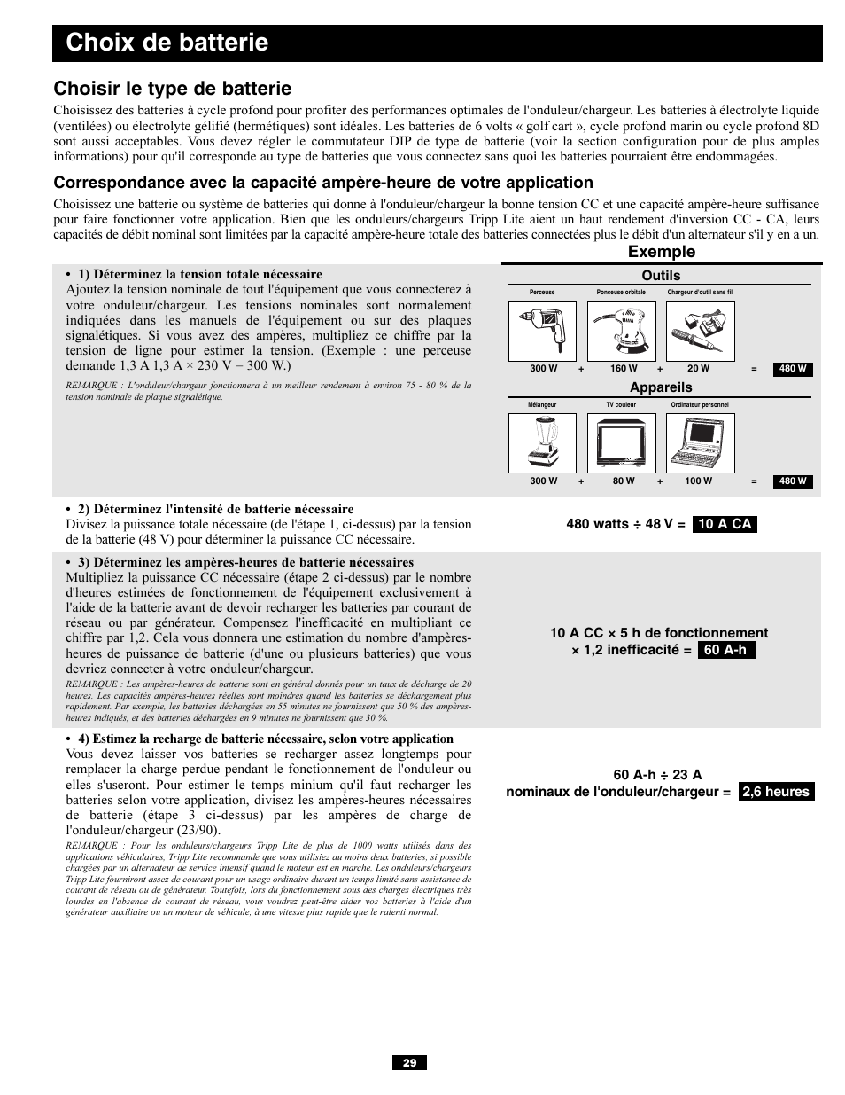 Choix de batterie, Choisir le type de batterie, Exemple | Tripp Lite APSX6048VR User Manual | Page 29 / 44