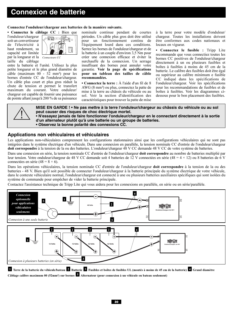 Connexion de batterie, Applications non véhiculaires et véhiculaires | Tripp Lite APSX6048VR User Manual | Page 30 / 44