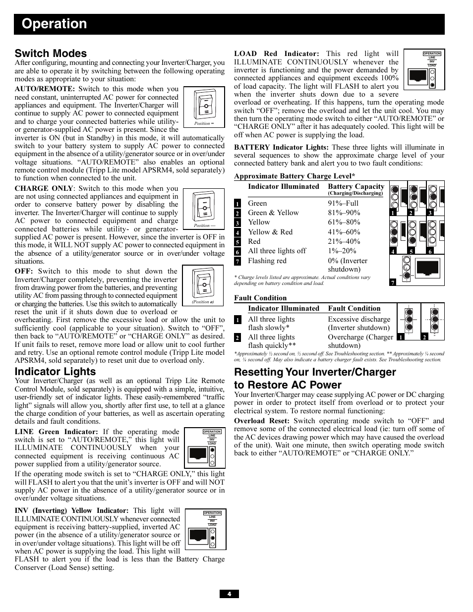 Operation, Switch modes, Indicator lights | Tripp Lite APSX6048VR User Manual | Page 4 / 44