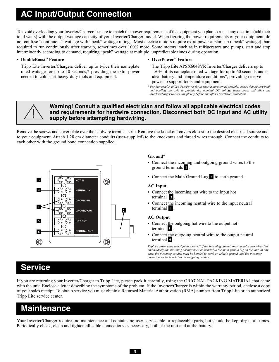 Ac input/output connection, Service maintenance | Tripp Lite APSX6048VR User Manual | Page 9 / 44