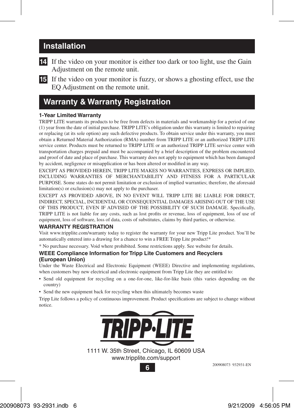Warranty & warranty registration, Installation | Tripp Lite B130-101S-WP User Manual | Page 6 / 6