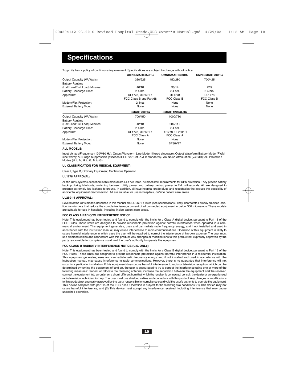 Specifications | Tripp Lite OmniSmart UL2601-1 User Manual | Page 10 / 36