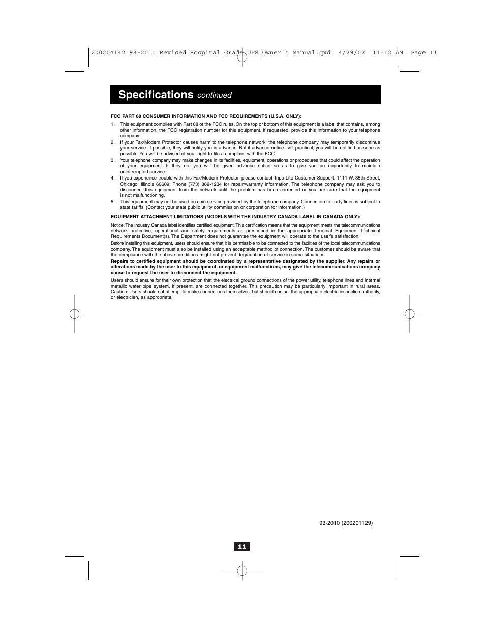 Specifications, Continued | Tripp Lite OmniSmart UL2601-1 User Manual | Page 11 / 36