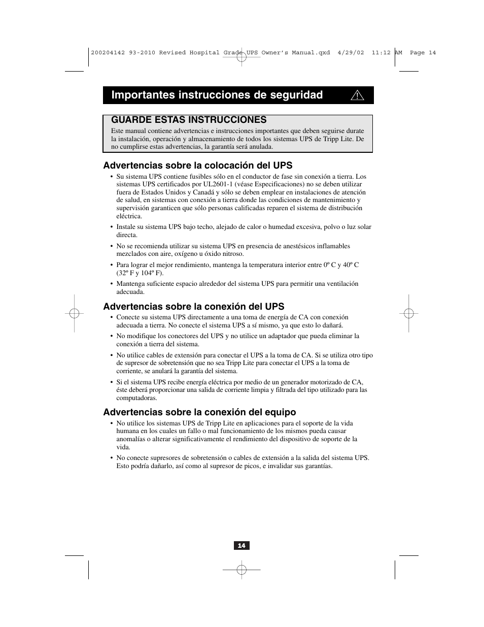 Importantes instrucciones de seguridad | Tripp Lite OmniSmart UL2601-1 User Manual | Page 14 / 36