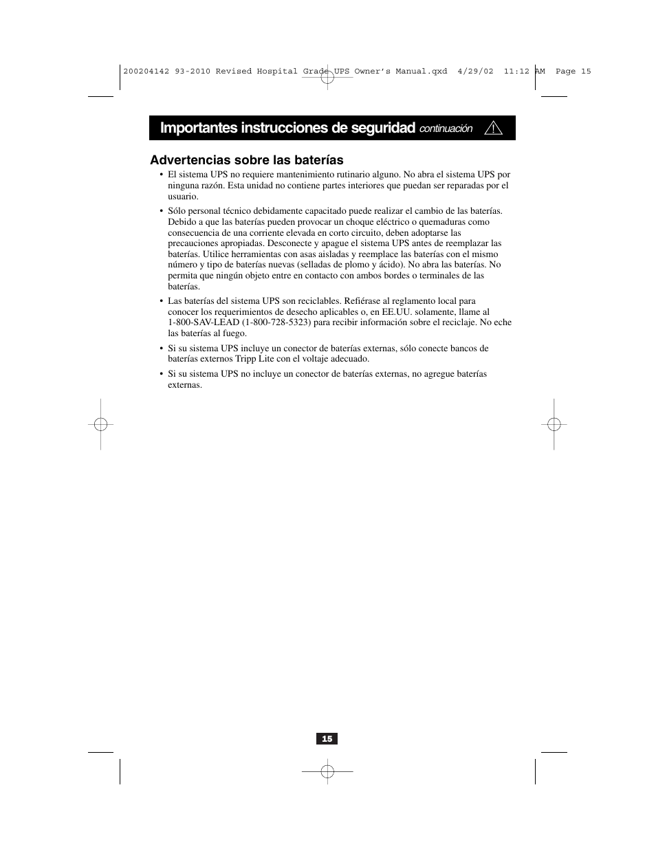 Importantes instrucciones de seguridad, Advertencias sobre las baterías | Tripp Lite OmniSmart UL2601-1 User Manual | Page 15 / 36