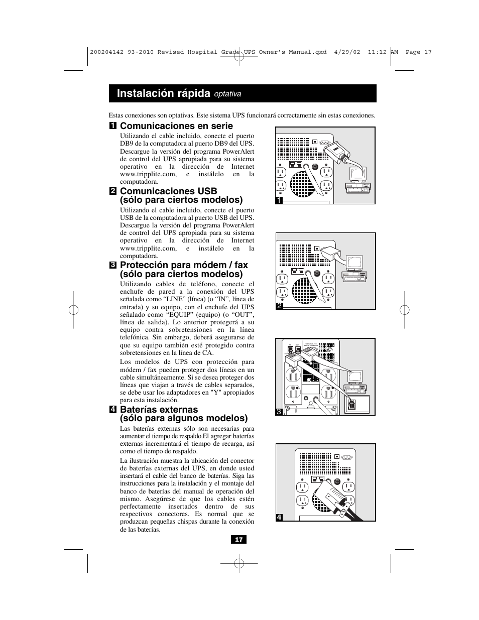 Instalación rápida, Comunicaciones en serie, Comunicaciones usb (sólo para ciertos modelos) | Baterías externas (sólo para algunos modelos) | Tripp Lite OmniSmart UL2601-1 User Manual | Page 17 / 36