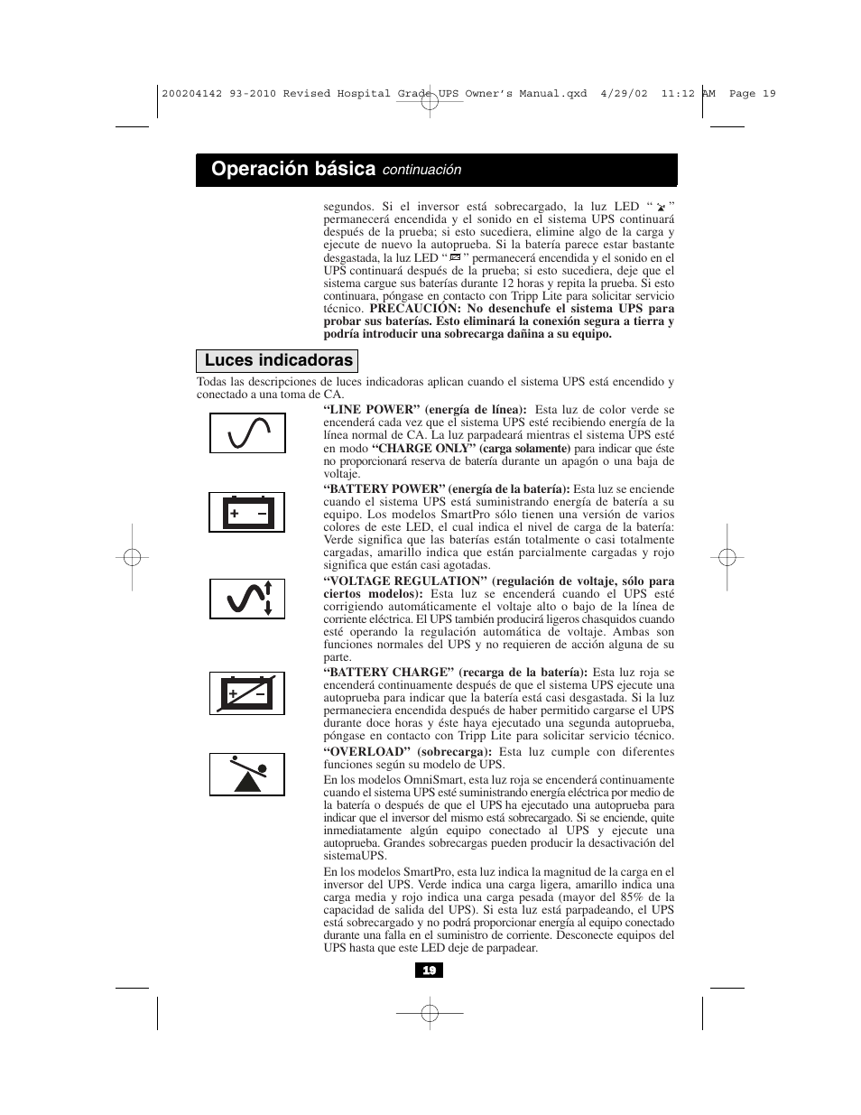 Operación básica, Luces indicadoras | Tripp Lite OmniSmart UL2601-1 User Manual | Page 19 / 36