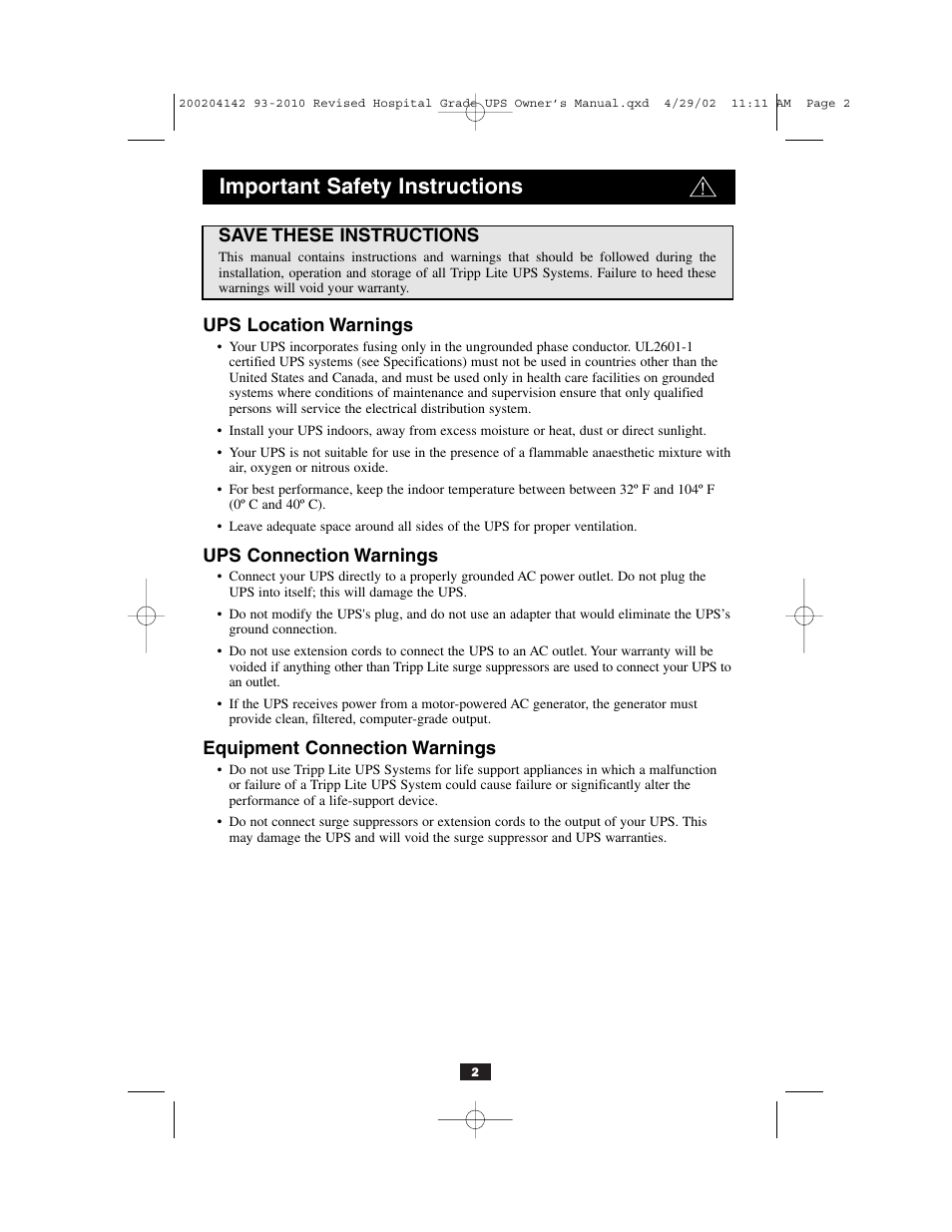 Important safety instructions | Tripp Lite OmniSmart UL2601-1 User Manual | Page 2 / 36