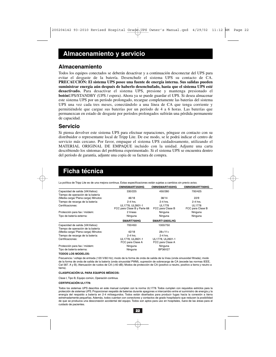 Ficha técnica almacenamiento y servicio, Almacenamiento, Servicio | Tripp Lite OmniSmart UL2601-1 User Manual | Page 22 / 36