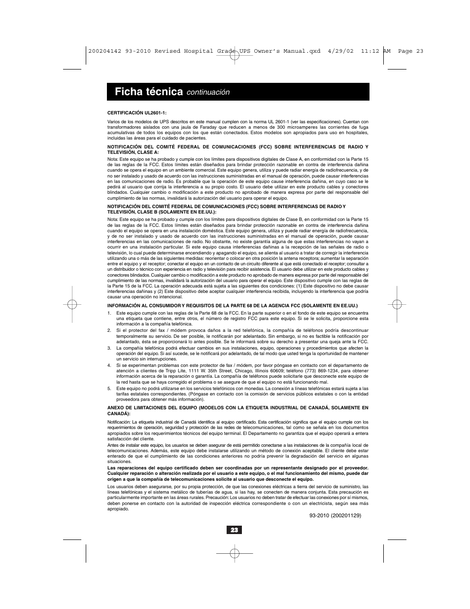 Ficha técnica, Continuación | Tripp Lite OmniSmart UL2601-1 User Manual | Page 23 / 36