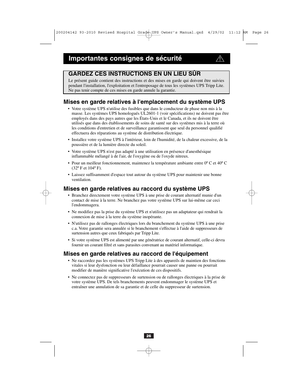 Importantes consignes de sécurité | Tripp Lite OmniSmart UL2601-1 User Manual | Page 26 / 36