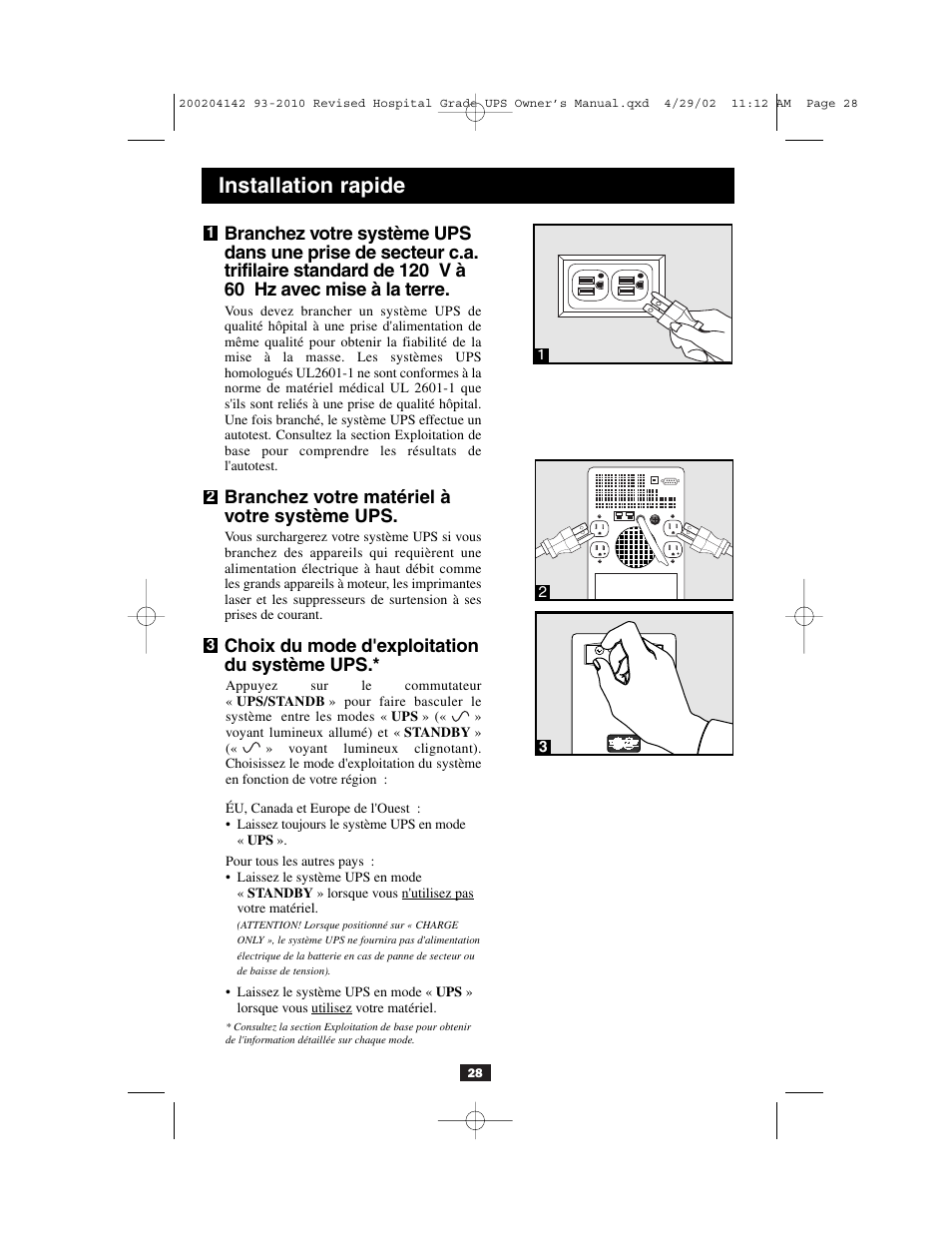 Installation rapide, Branchez votre matériel à votre système ups, Choix du mode d'exploitation du système ups | Tripp Lite OmniSmart UL2601-1 User Manual | Page 28 / 36