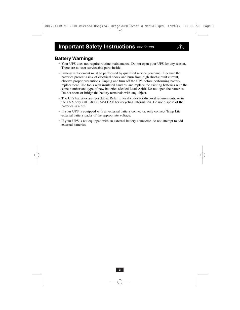 Important safety instructions, Battery warnings | Tripp Lite OmniSmart UL2601-1 User Manual | Page 3 / 36