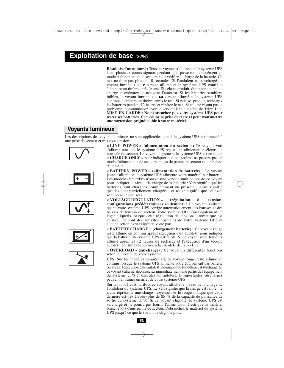 Exploitation de base, Voyants lumineux | Tripp Lite OmniSmart UL2601-1 User Manual | Page 31 / 36