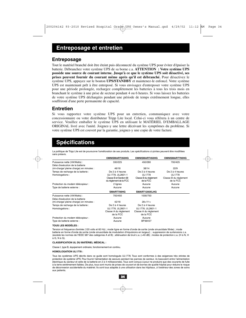 Spécifications, Entreposage et entretien, Entreposage | Entretien | Tripp Lite OmniSmart UL2601-1 User Manual | Page 34 / 36