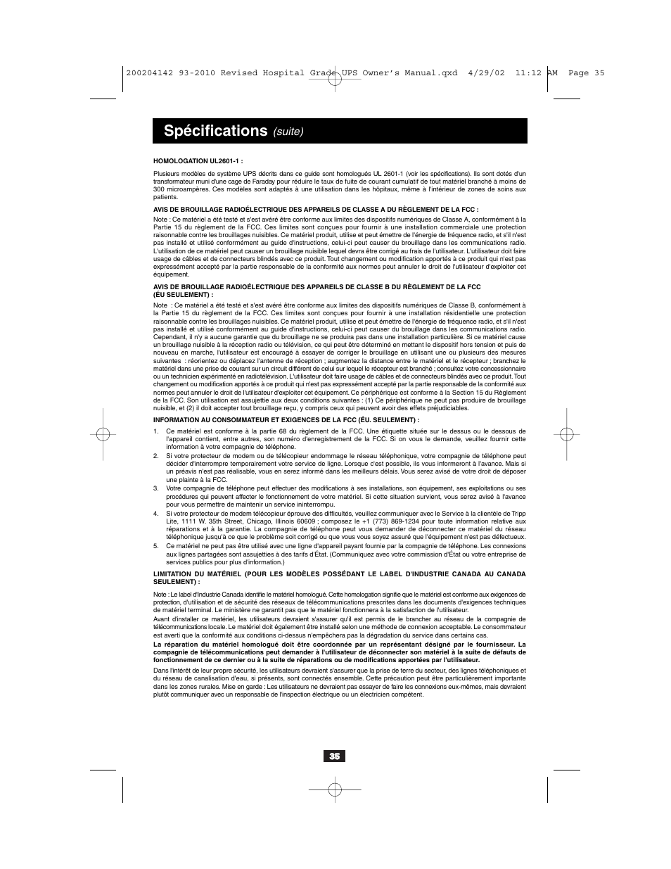 Spécifications, Suite) | Tripp Lite OmniSmart UL2601-1 User Manual | Page 35 / 36