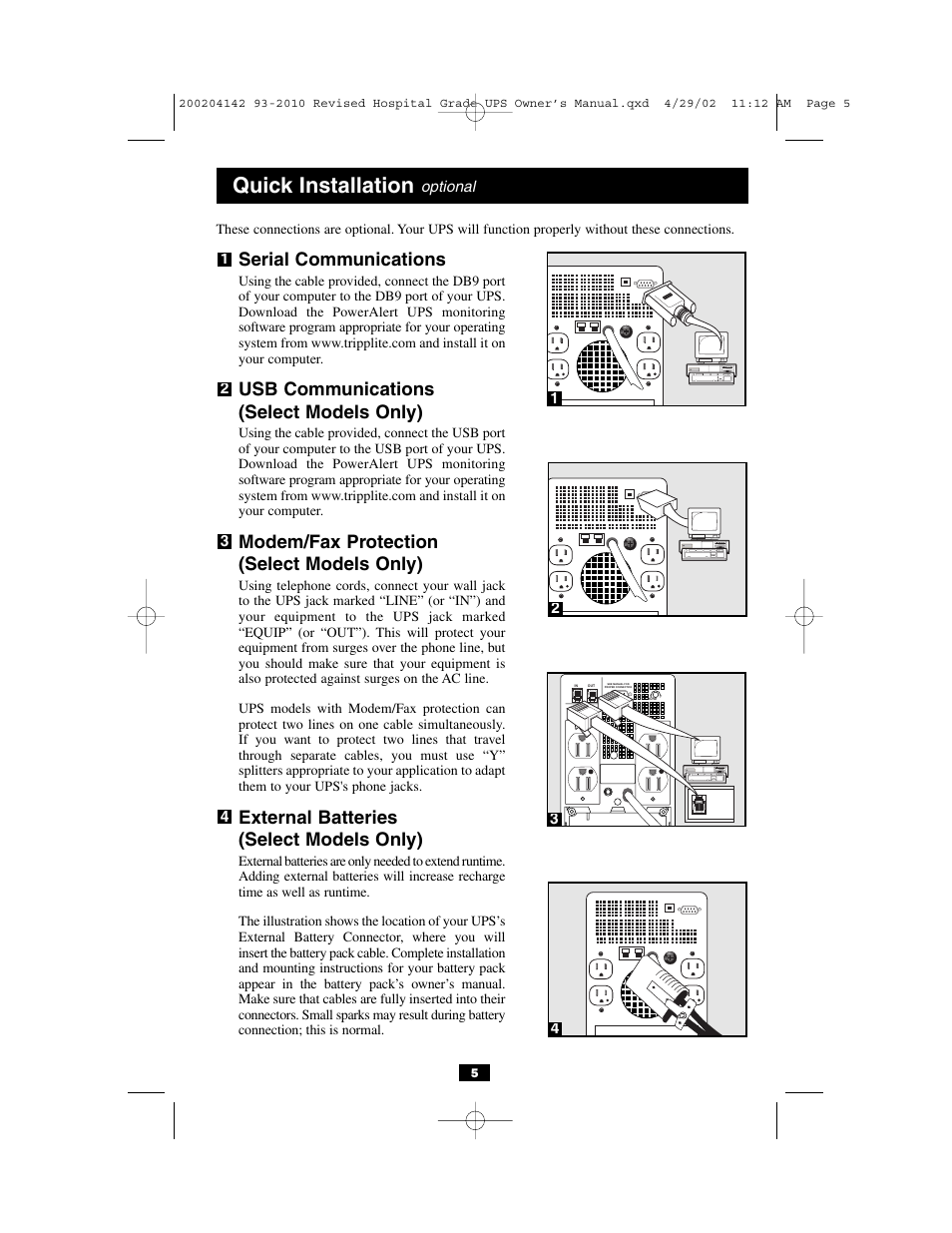 Quick installation, Serial communications, Usb communications (select models only) | Modem/fax protection (select models only), External batteries (select models only) | Tripp Lite OmniSmart UL2601-1 User Manual | Page 5 / 36