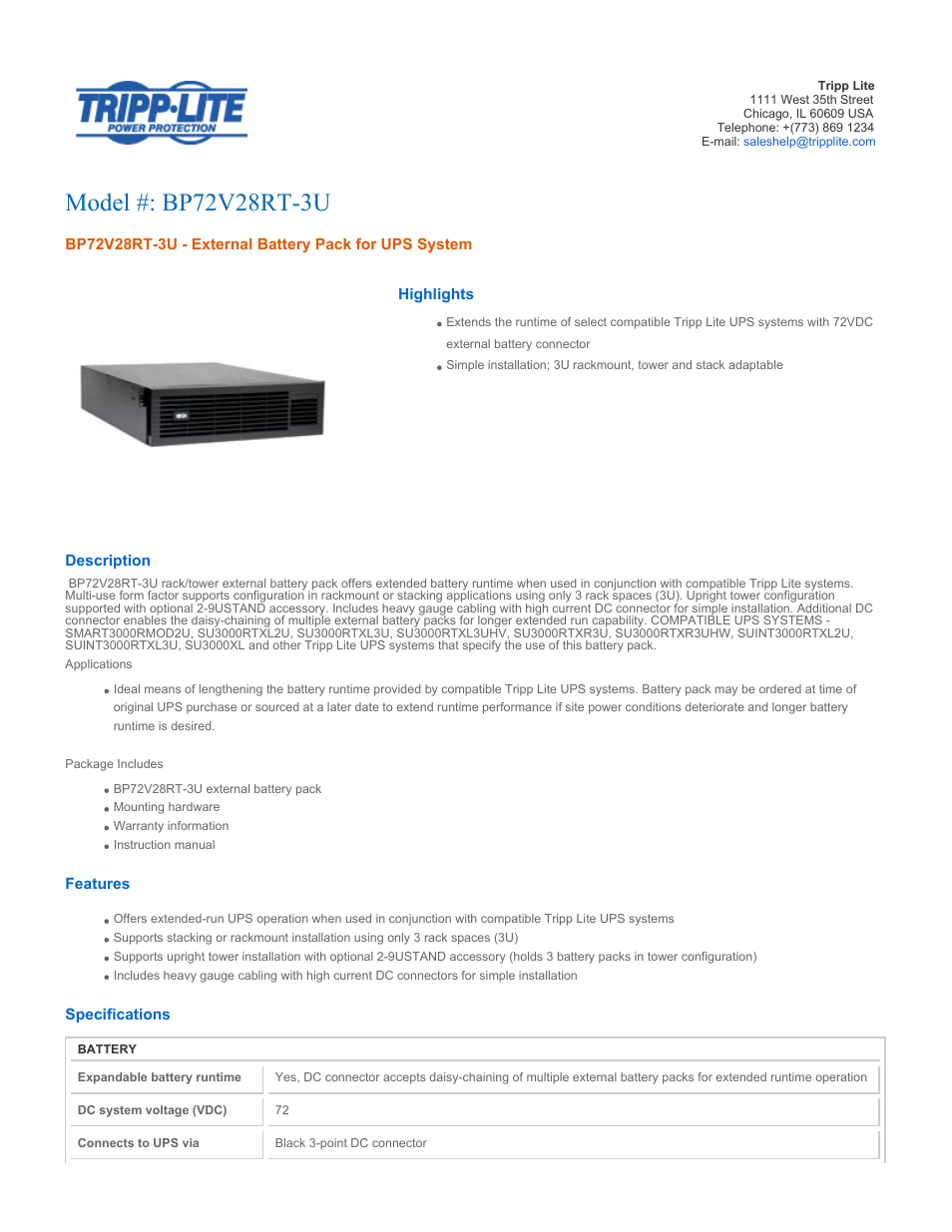 Tripp Lite External Battery Pack BP72V28RT-3U User Manual | 2 pages