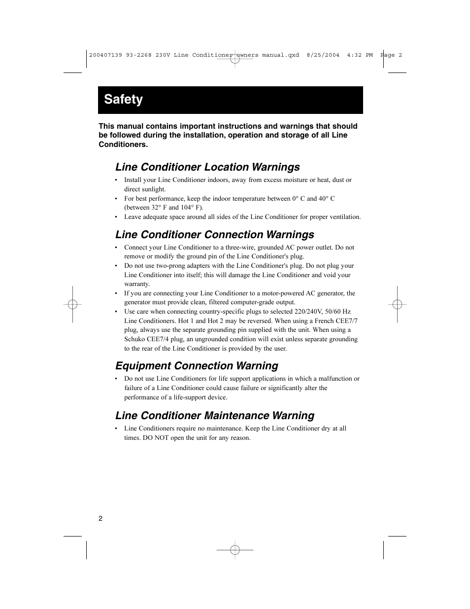 Safety, Line conditioner location warnings, Line conditioner connection warnings | Equipment connection warning, Line conditioner maintenance warning | Tripp Lite 93-2268_EN User Manual | Page 2 / 6