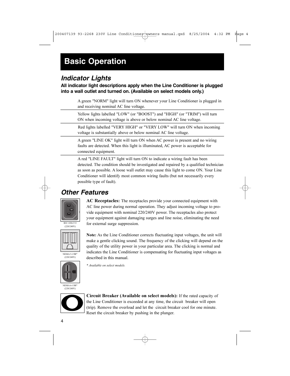 Basic operation, Indicator lights, Other features | Tripp Lite 93-2268_EN User Manual | Page 4 / 6