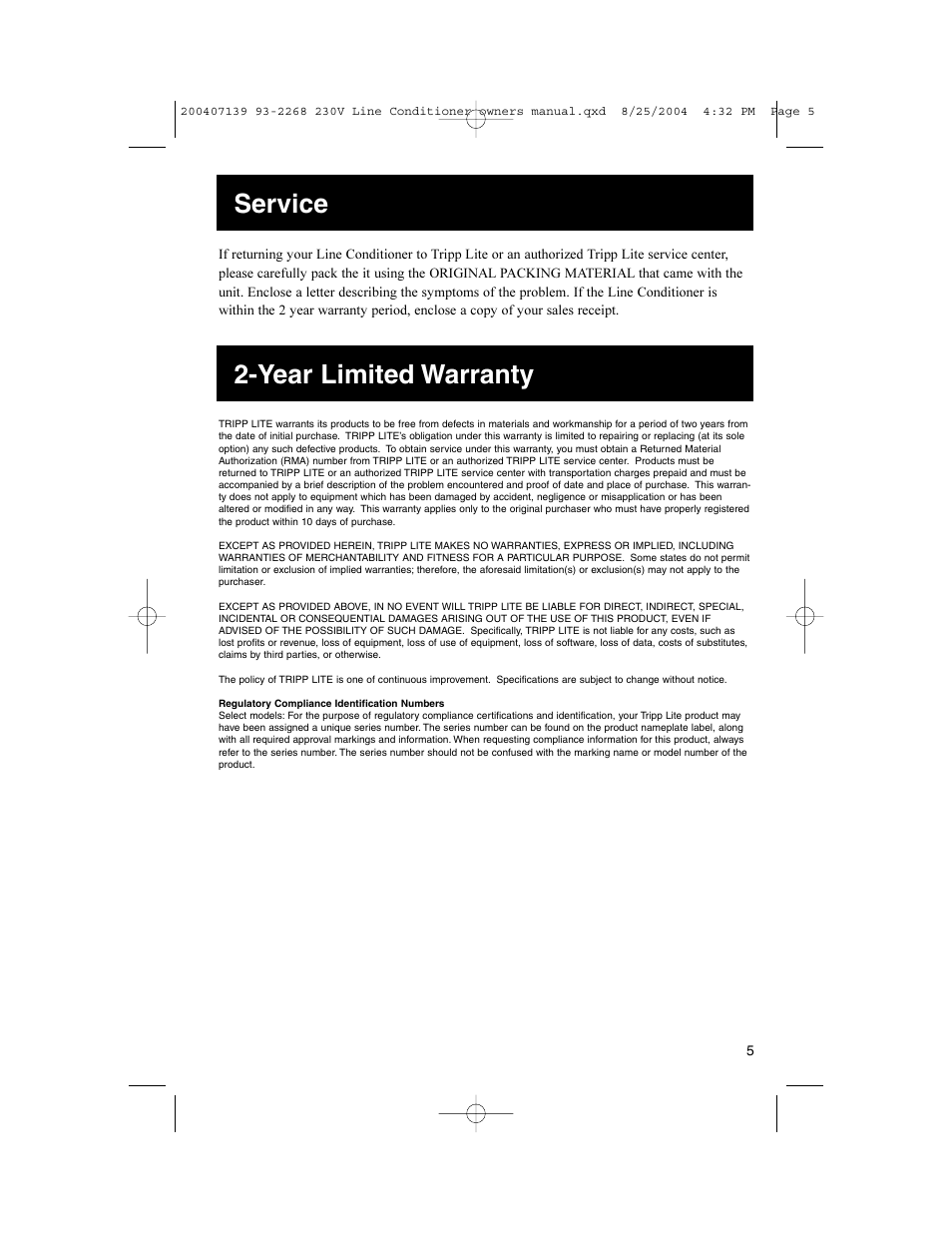 Service, Year limited warranty | Tripp Lite 93-2268_EN User Manual | Page 5 / 6