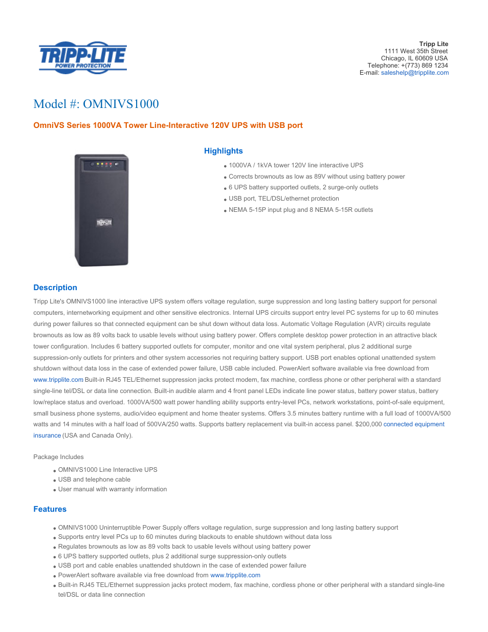 Tripp Lite Omni VS UPS Systems OMNIVS1000 User Manual | 5 pages