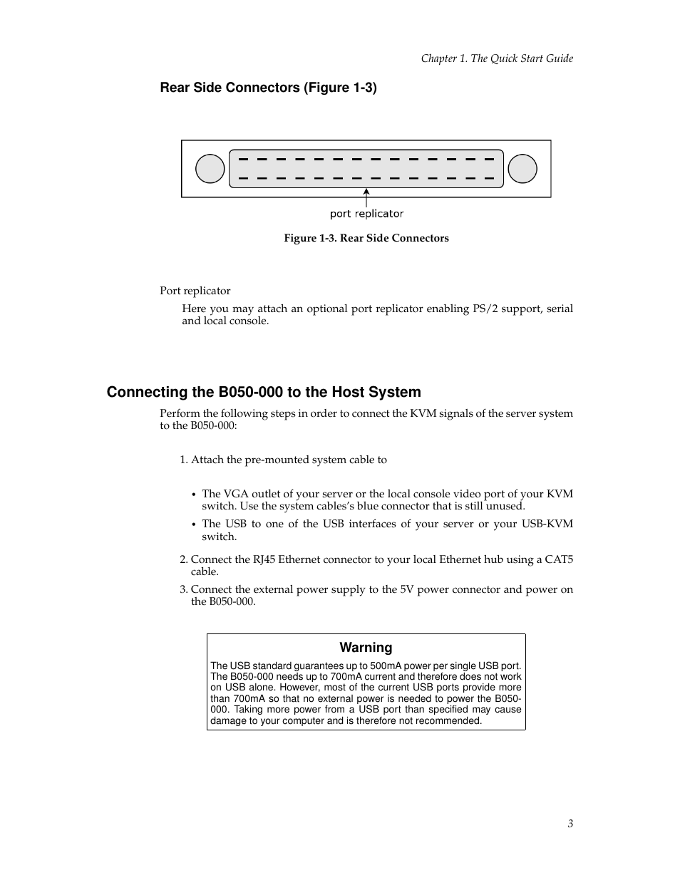 Rear side connectors (figure 13), Connecting the b050000 to the host system, Connecting the b050-000 to the host system | 3 initial network configuration | Tripp Lite B050-000 User Manual | Page 11 / 126