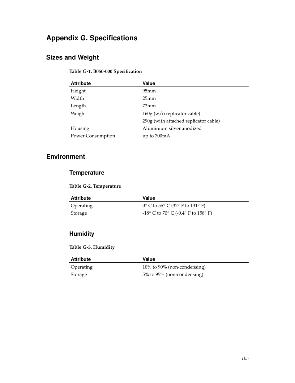 Appendix g. specifications, Sizes and weight, Environment | Temperature, Humidity, G. specifications, 105 environment, 105 humidity | Tripp Lite B050-000 User Manual | Page 113 / 126