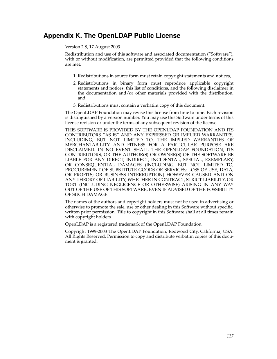 Appendix k. the openldap public license, K. the openldap public license | Tripp Lite B050-000 User Manual | Page 125 / 126