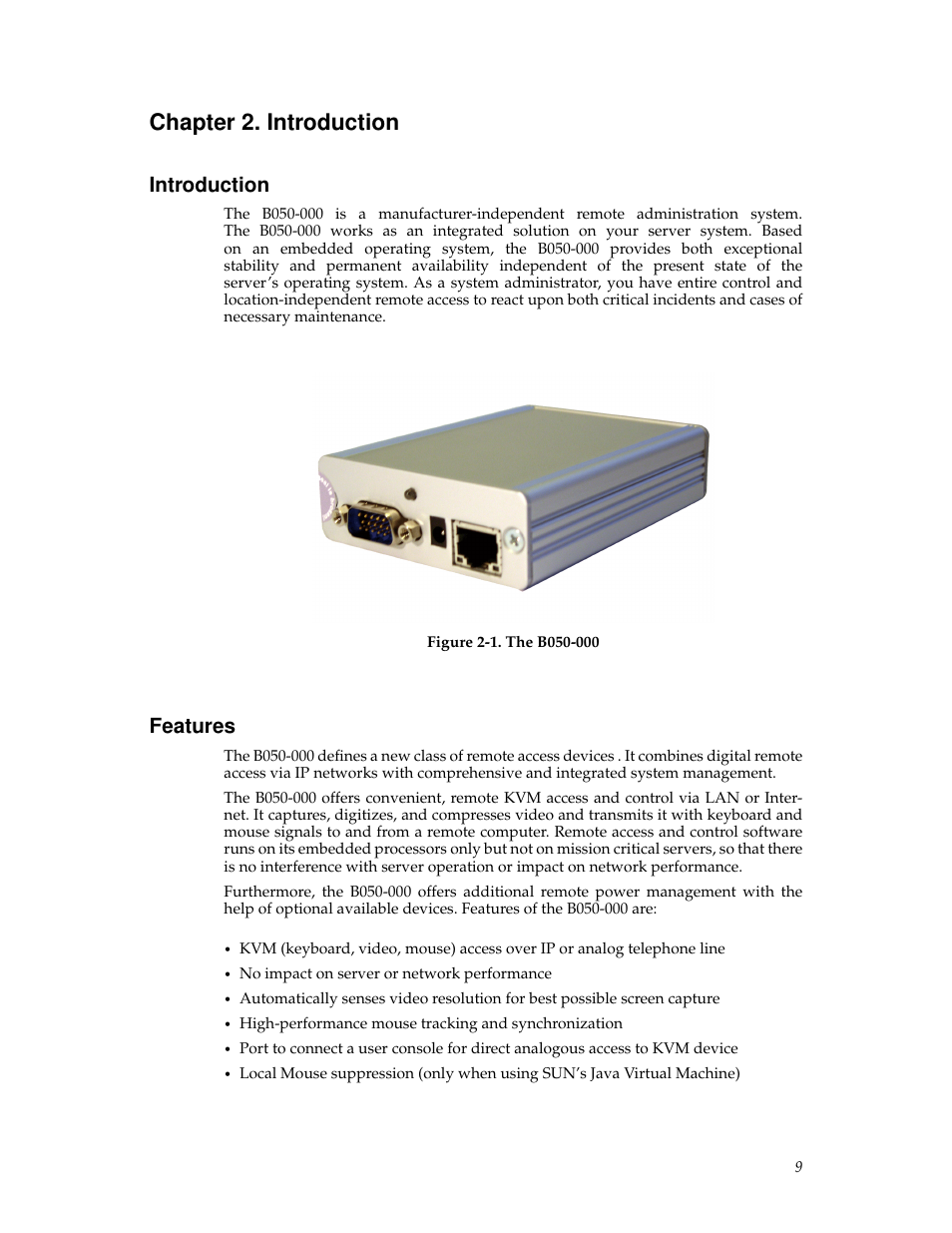 Chapter 2. introduction, Introduction, Features | 9 features, 9 b050-000 system components | Tripp Lite B050-000 User Manual | Page 17 / 126