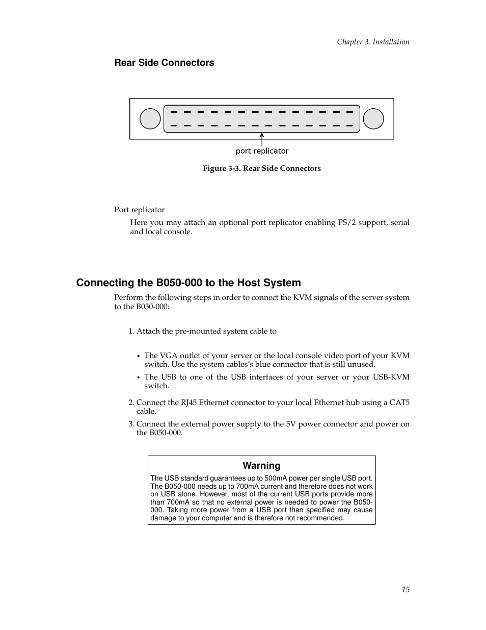 Rear side connectors, Connecting the b050000 to the host system, Connecting the b050-000 to the host system | 15 connecting a local console | Tripp Lite B050-000 User Manual | Page 23 / 126