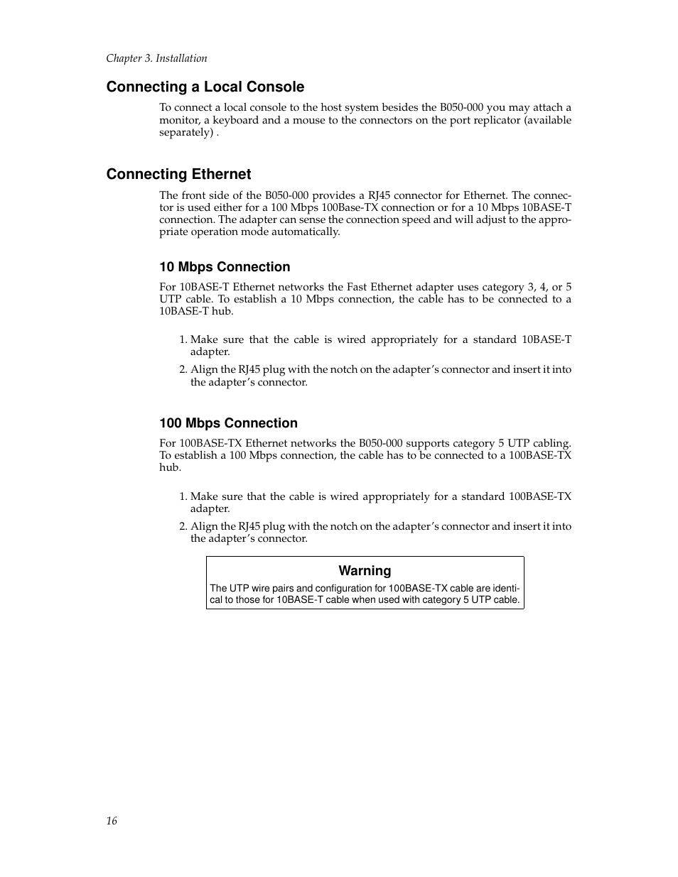 Connecting a local console, Connecting ethernet, 10 mbps connection | 100 mbps connection, 16 100 mbps connection | Tripp Lite B050-000 User Manual | Page 24 / 126