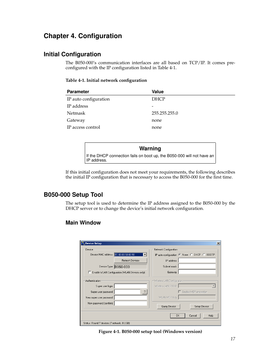 Chapter 4. configuration, Initial configuration, B050000 setup tool | Main window, Configuration, 17 b050-000 setup tool | Tripp Lite B050-000 User Manual | Page 25 / 126