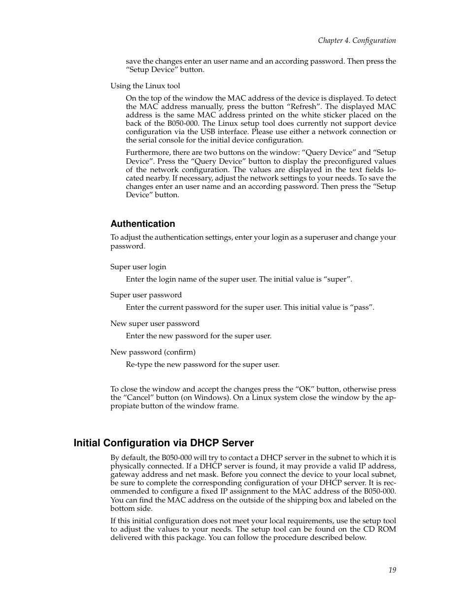 Authentication, Initial configuration via dhcp server, 19 initial configuration via serial console | Tripp Lite B050-000 User Manual | Page 27 / 126