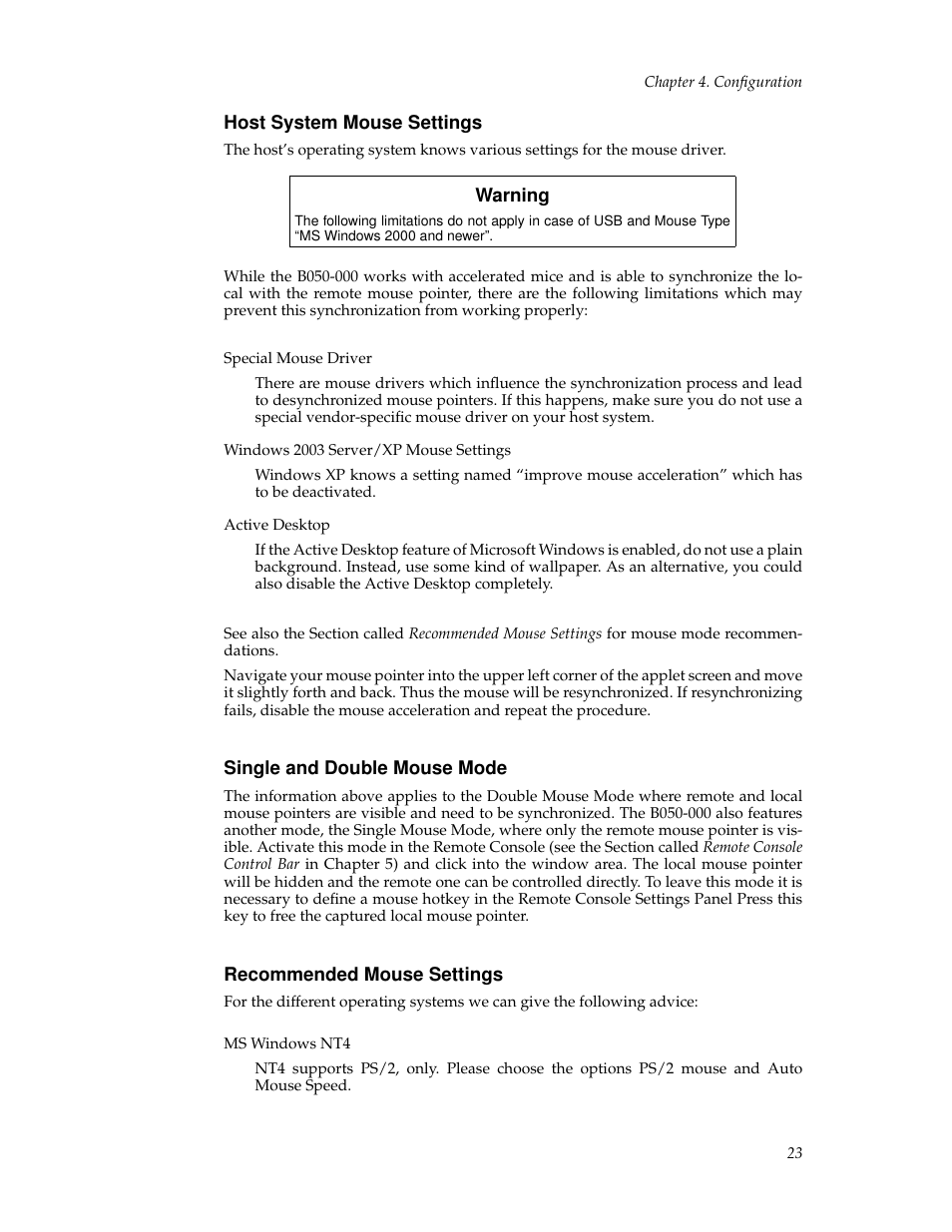 Host system mouse settings, Single and double mouse mode, Recommended mouse settings | 23 single and double mouse mode, 23 recommended mouse settings | Tripp Lite B050-000 User Manual | Page 31 / 126