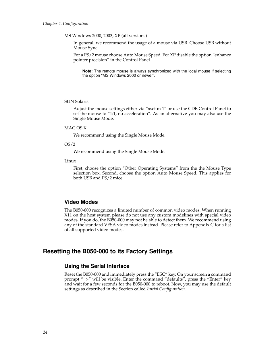 Video modes, Resetting the b050000 to its factory settings, Using the serial interface | Resetting the b050-000 to its factory settings | Tripp Lite B050-000 User Manual | Page 32 / 126