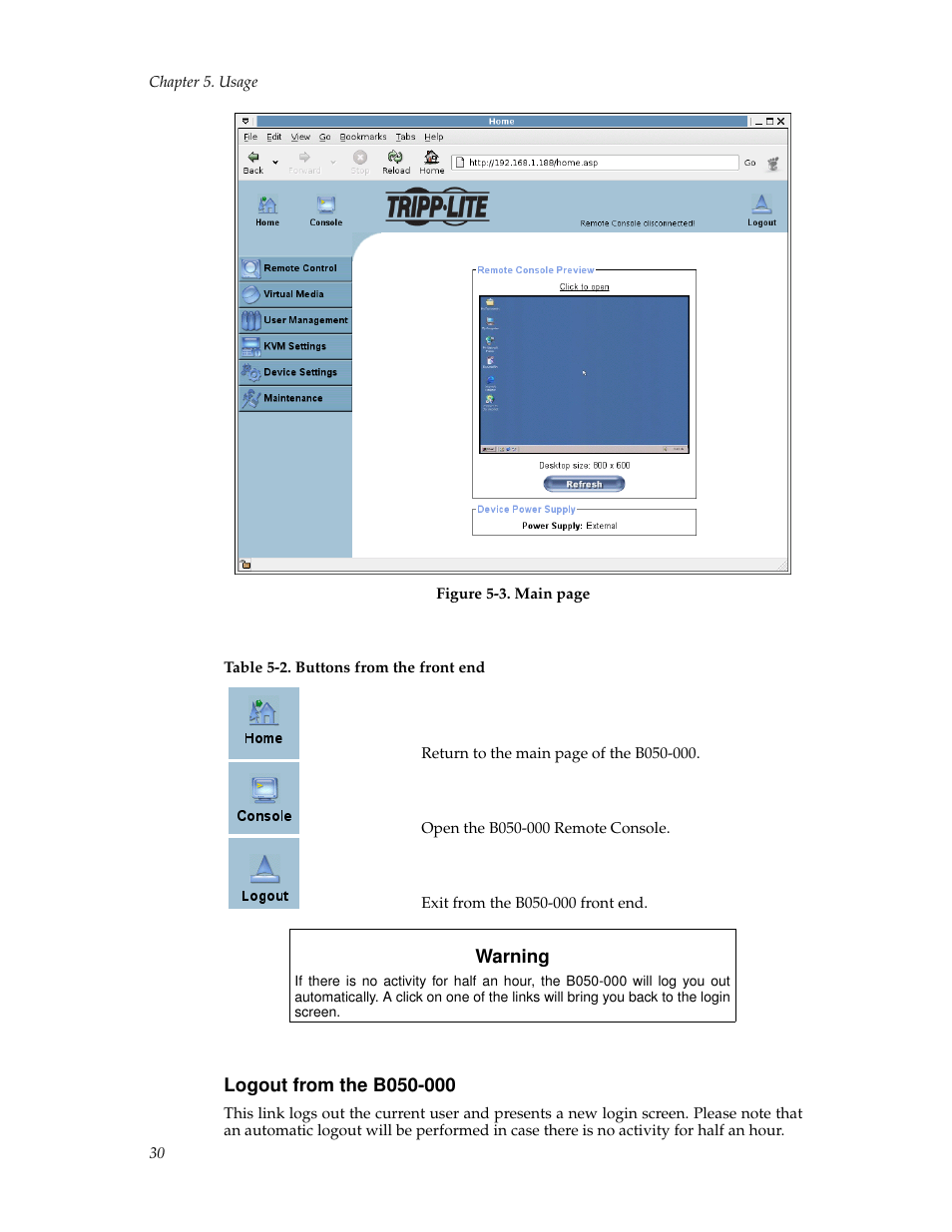 Logout from the b050000, Logout from the b050-000 | Tripp Lite B050-000 User Manual | Page 38 / 126