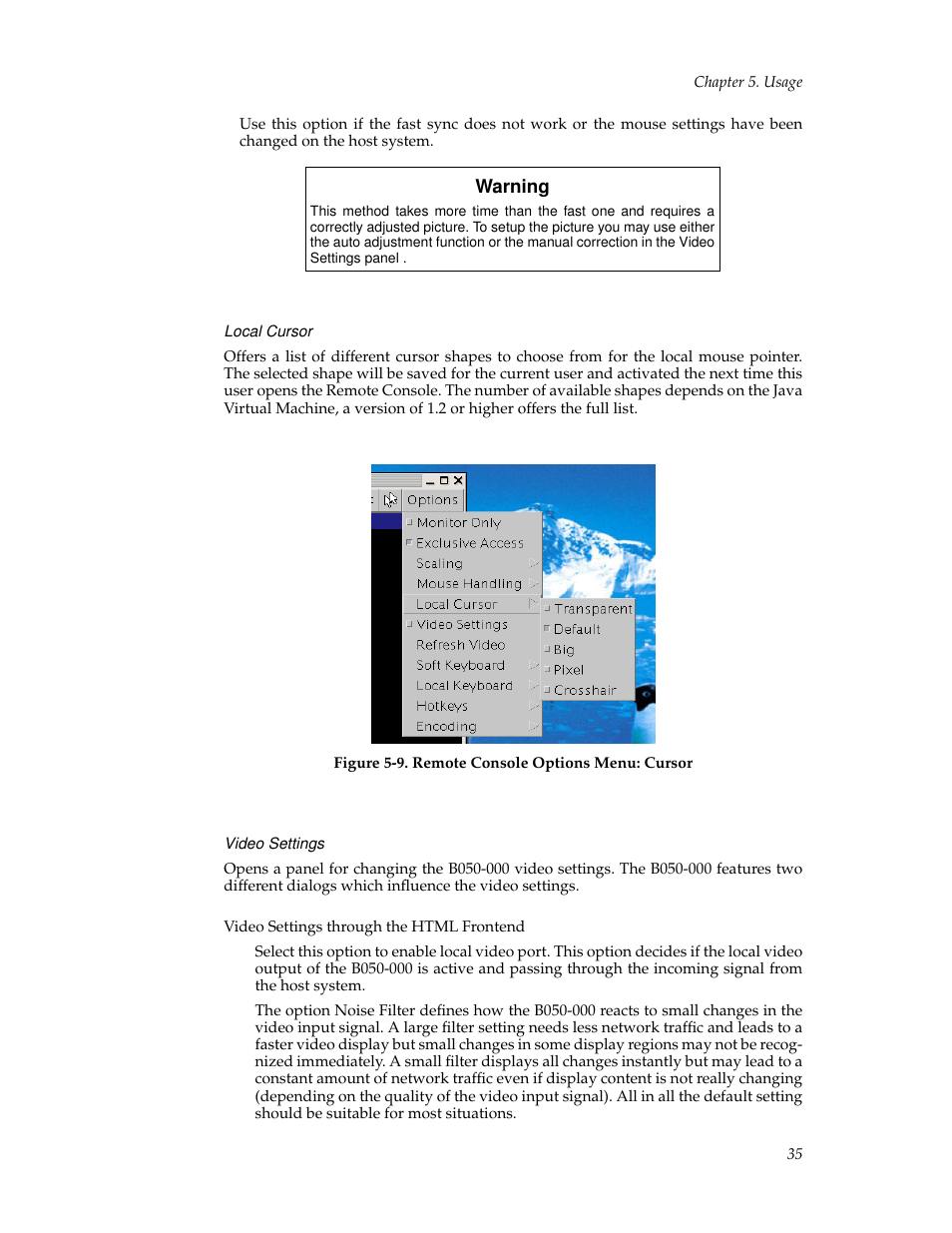 Local cursor, Video settings | Tripp Lite B050-000 User Manual | Page 43 / 126