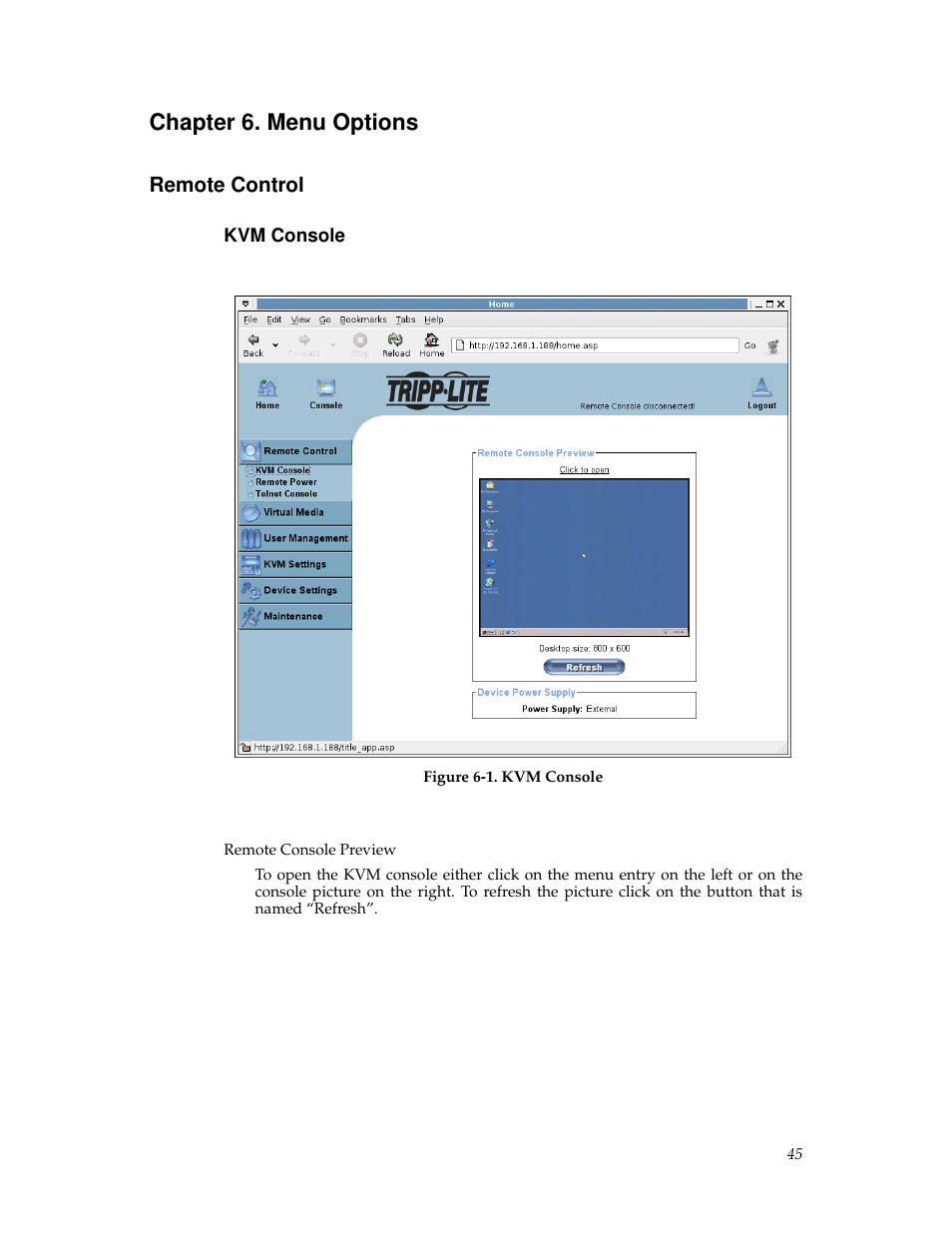 Chapter 6. menu options, Remote control, Kvm console | Menu options, 45 remote power | Tripp Lite B050-000 User Manual | Page 53 / 126