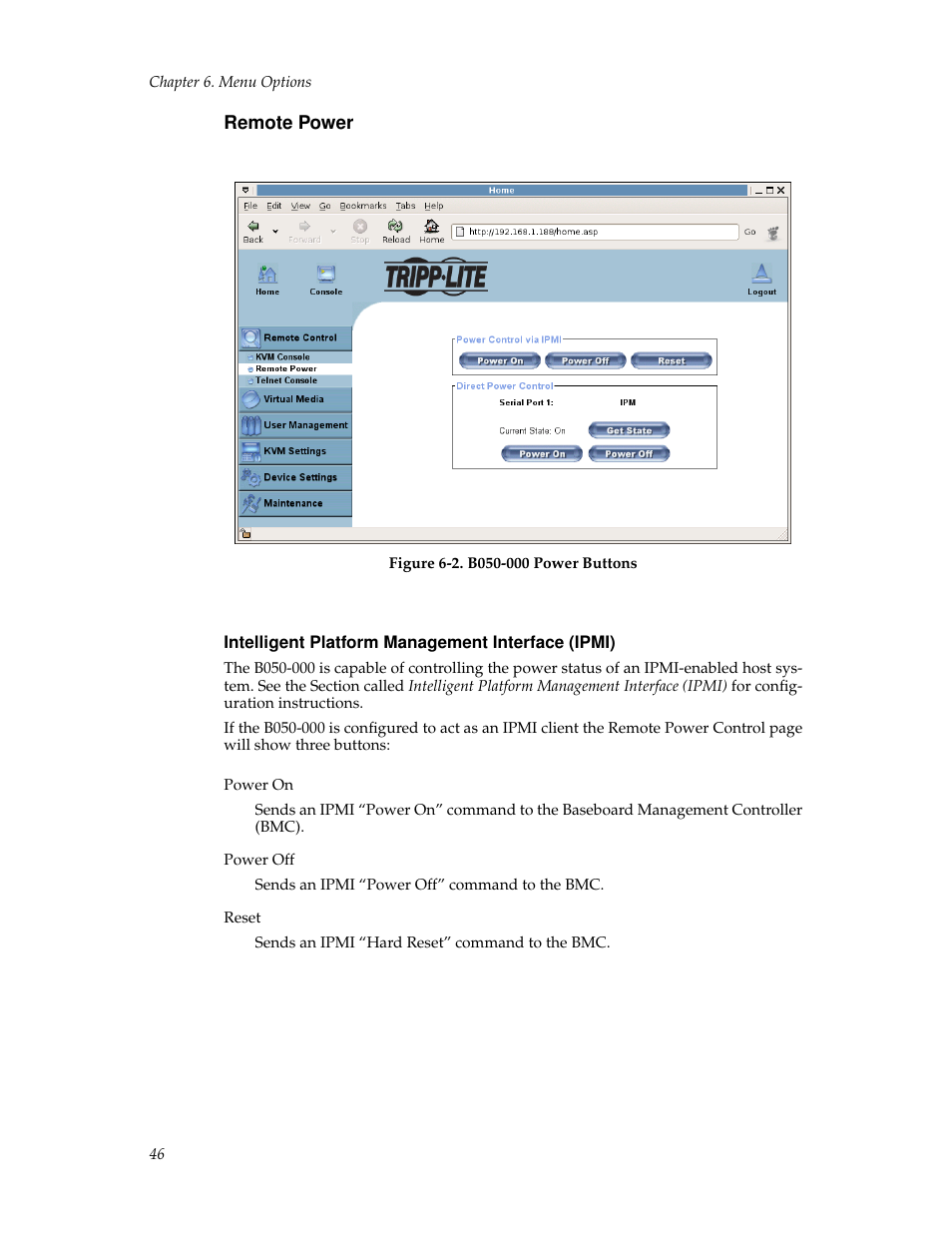 Remote power, Intelligent platform management interface (ipmi), Telnet console | Tripp Lite B050-000 User Manual | Page 54 / 126