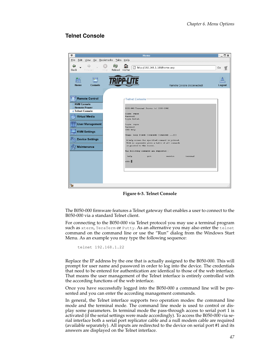 Telnet console | Tripp Lite B050-000 User Manual | Page 55 / 126