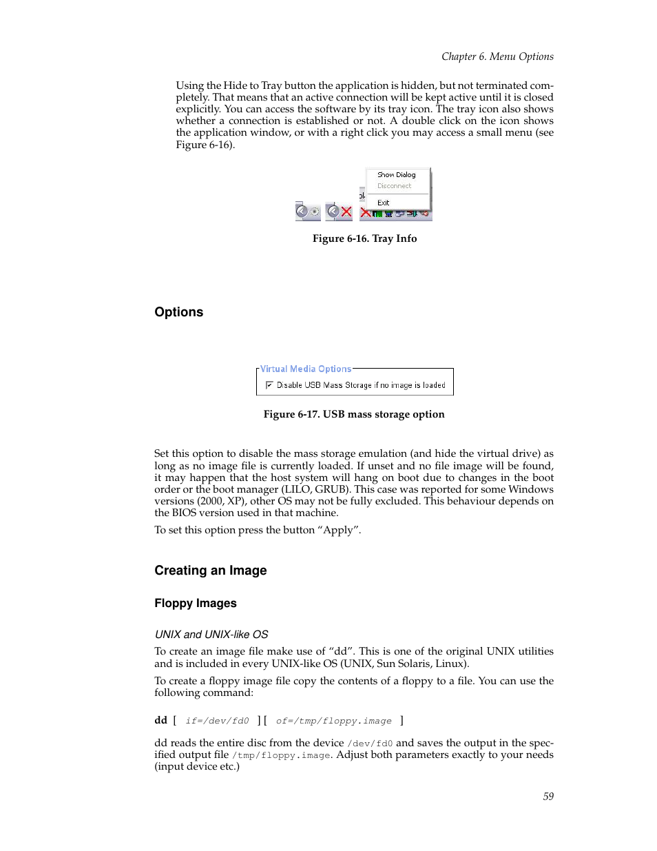 Options, Creating an image, Floppy images | Unix and unixlike os, 59 creating an image | Tripp Lite B050-000 User Manual | Page 67 / 126