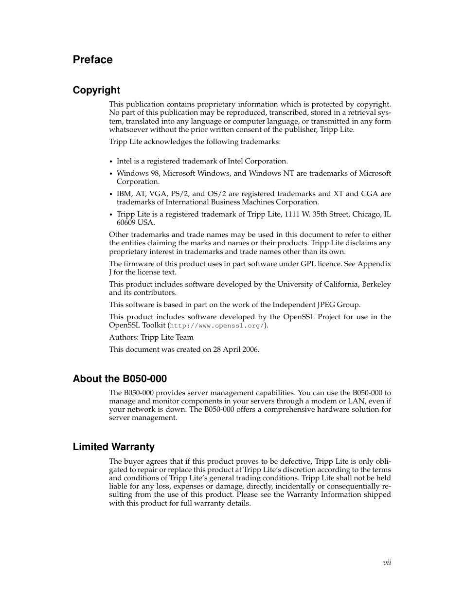 Preface, Copyright, About the b050000 | Limited warranty, Vii about the b050-000, Vii limited warranty, Vii limitations of liability | Tripp Lite B050-000 User Manual | Page 7 / 126